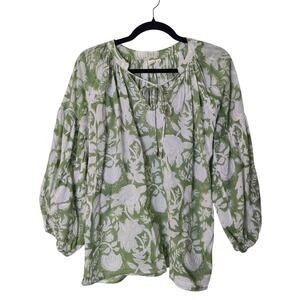 By the Sea Organics Cotton Boho Peasant Blouse Green Floral Paisley One Size